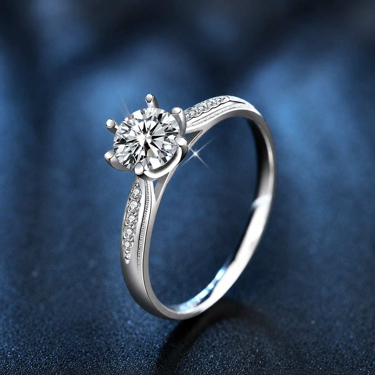 Six-Prong Round Moissanite Engagement Ring with CZ product view showing moissanite setting and metal finish