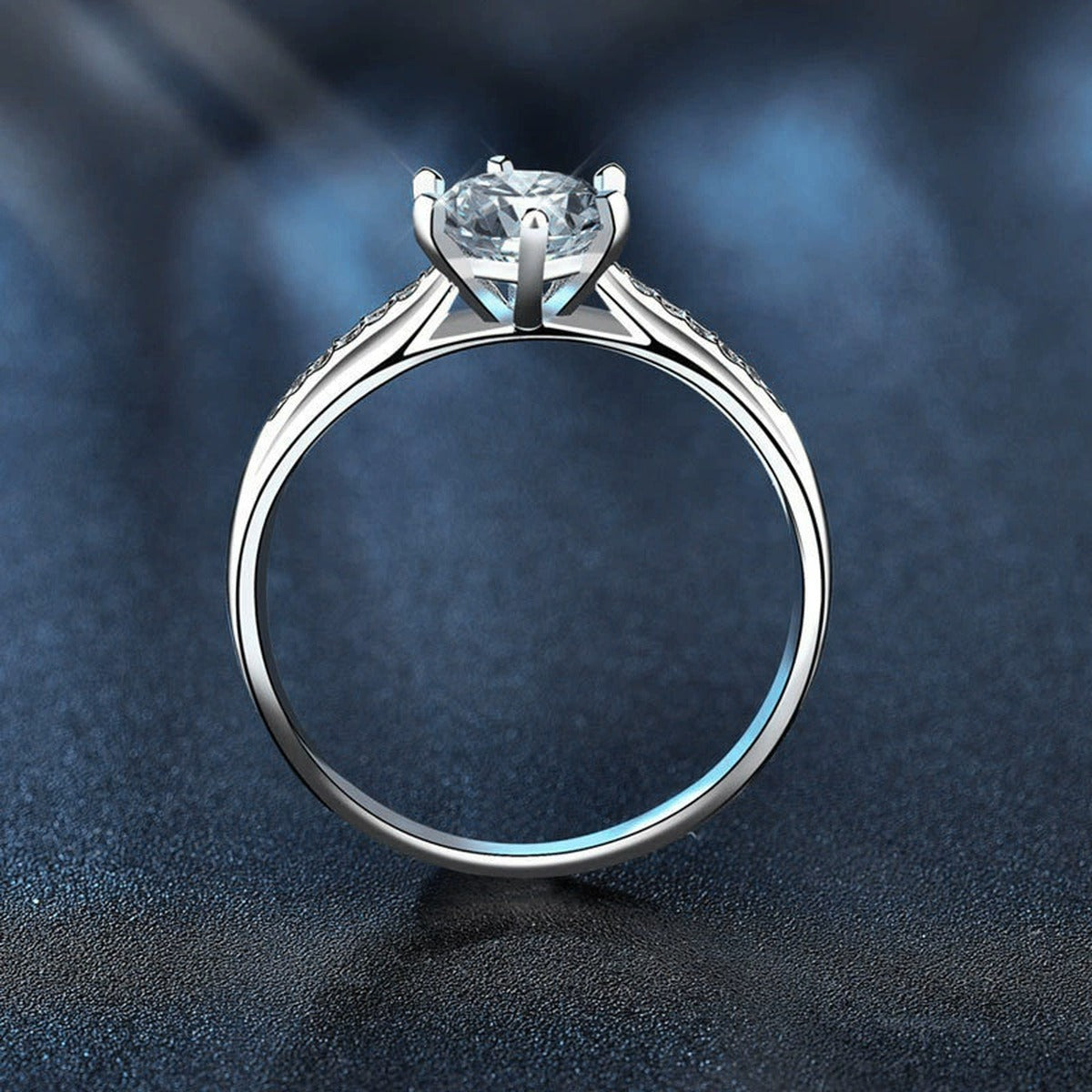 Six-Prong Round Moissanite Engagement Ring with CZ product view showing moissanite setting and metal finish