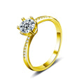 Six-Prong Round Moissanite Engagement Ring with CZ in gold-plated S925 sterling silver on clean white background