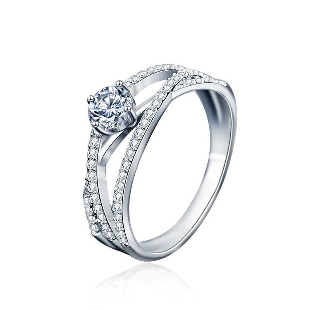 Three-Row Round Moissanite Engagement Ring with CZ in white gold-plated S925 sterling silver on clean white background