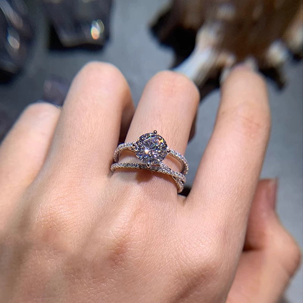 Three-Row Round Moissanite Engagement Ring with CZ worn on hand to show scale, band width, and ring profile