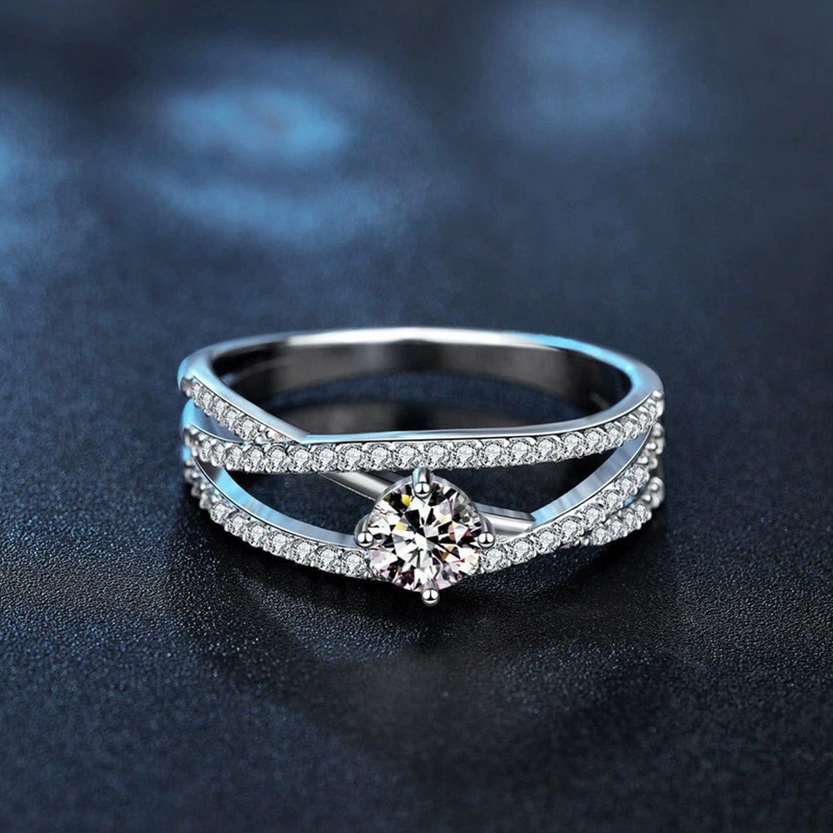 Three-Row Round Moissanite Engagement Ring with CZ product view showing moissanite setting and metal finish