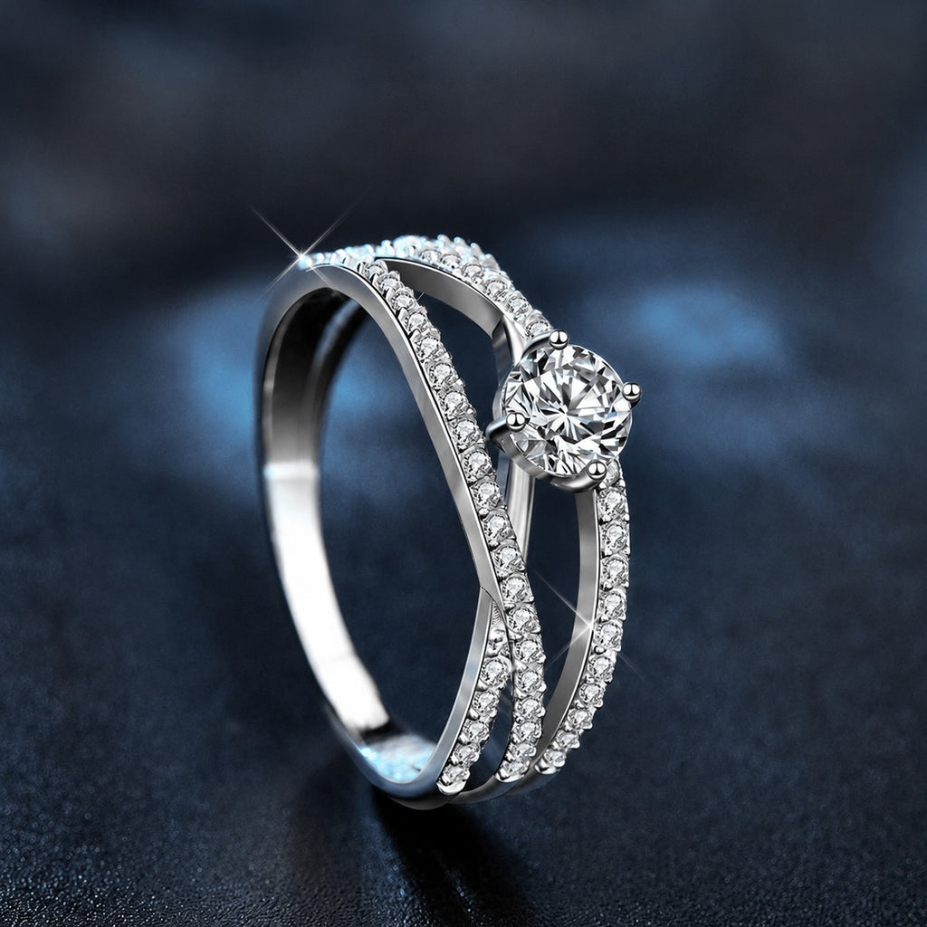 Three-Row Round Moissanite Engagement Ring with CZ close-up detail view with moissanite sparkle