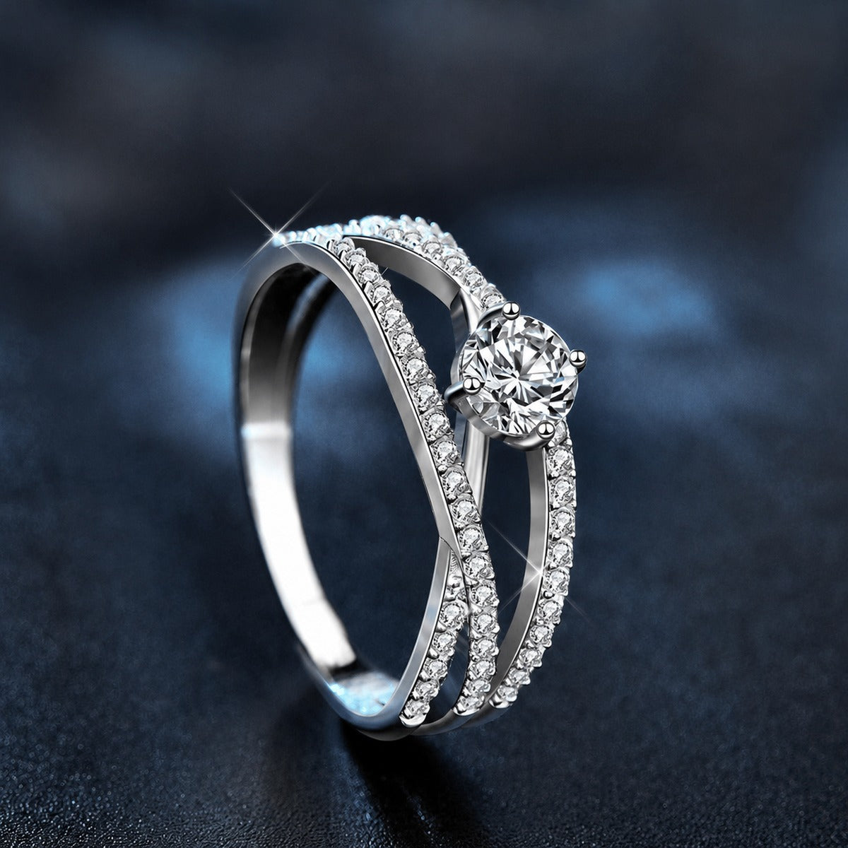 Three-Row Round Moissanite Engagement Ring with CZ close-up detail view with moissanite sparkle