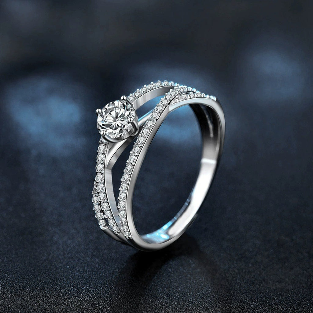 Three-Row Round Moissanite Engagement Ring with CZ close-up detail view with moissanite sparkle