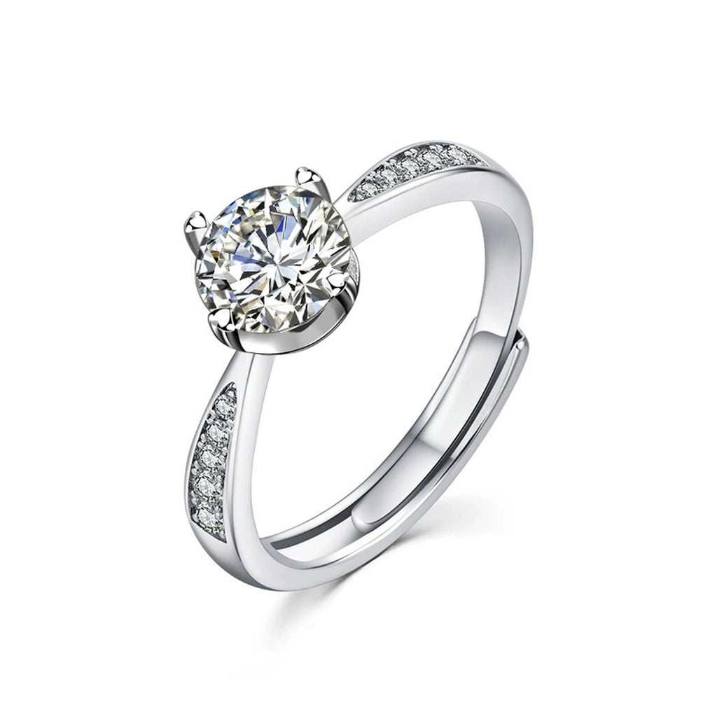 Six-Prong Round Moissanite Adjustable Engagement Ring with CZ in white gold-plated S925 sterling silver on clean white background