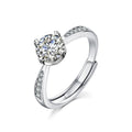 Six-Prong Round Moissanite Adjustable Engagement Ring with CZ in white gold-plated S925 sterling silver on clean white background