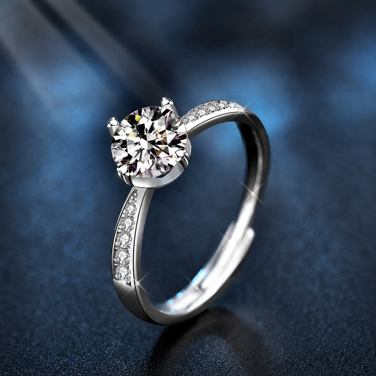 Six-Prong Round Moissanite Adjustable Engagement Ring with CZ product view showing moissanite setting and metal finish