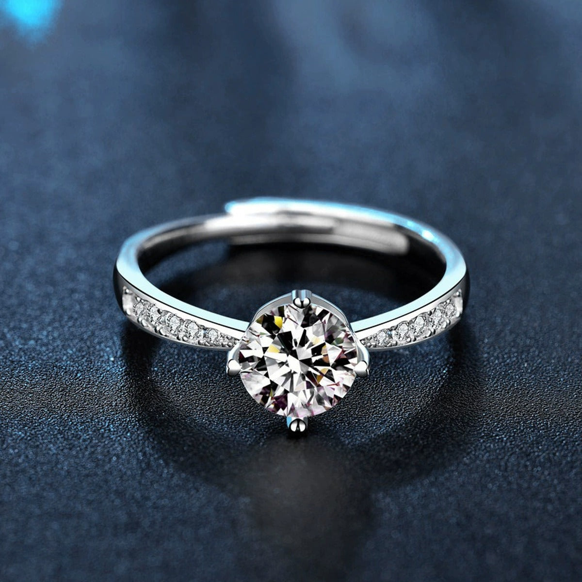 Six-Prong Round Moissanite Adjustable Engagement Ring with CZ product view showing moissanite setting and metal finish