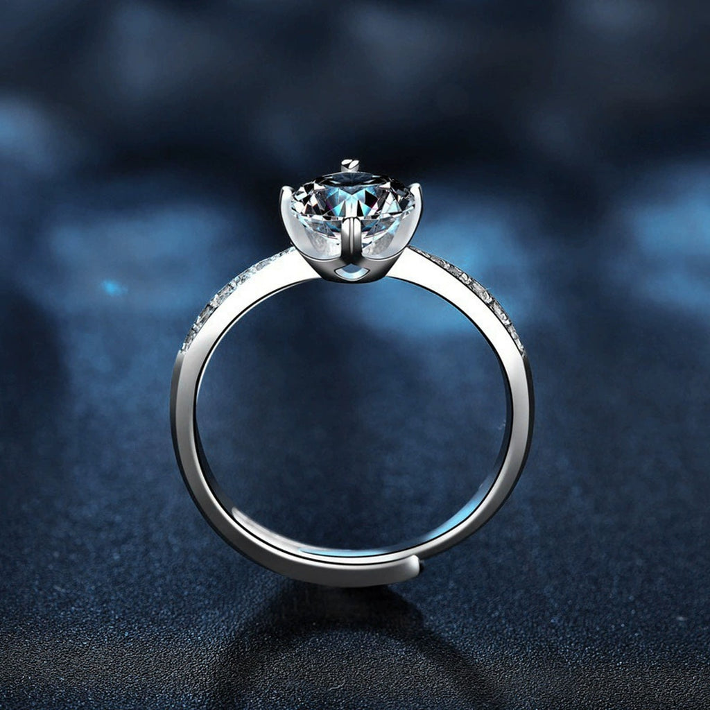 Six-Prong Round Moissanite Adjustable Engagement Ring with CZ close-up detail view with moissanite sparkle
