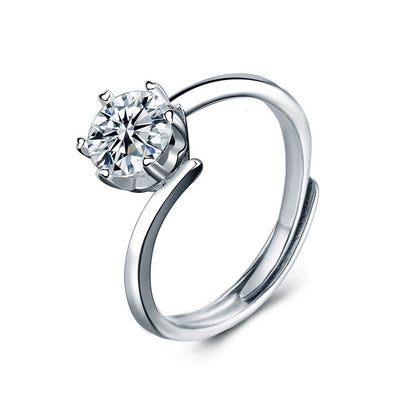 Twist Band Round Moissanite Adjustable Engagement Ring in white gold-plated S925 sterling silver on clean white background