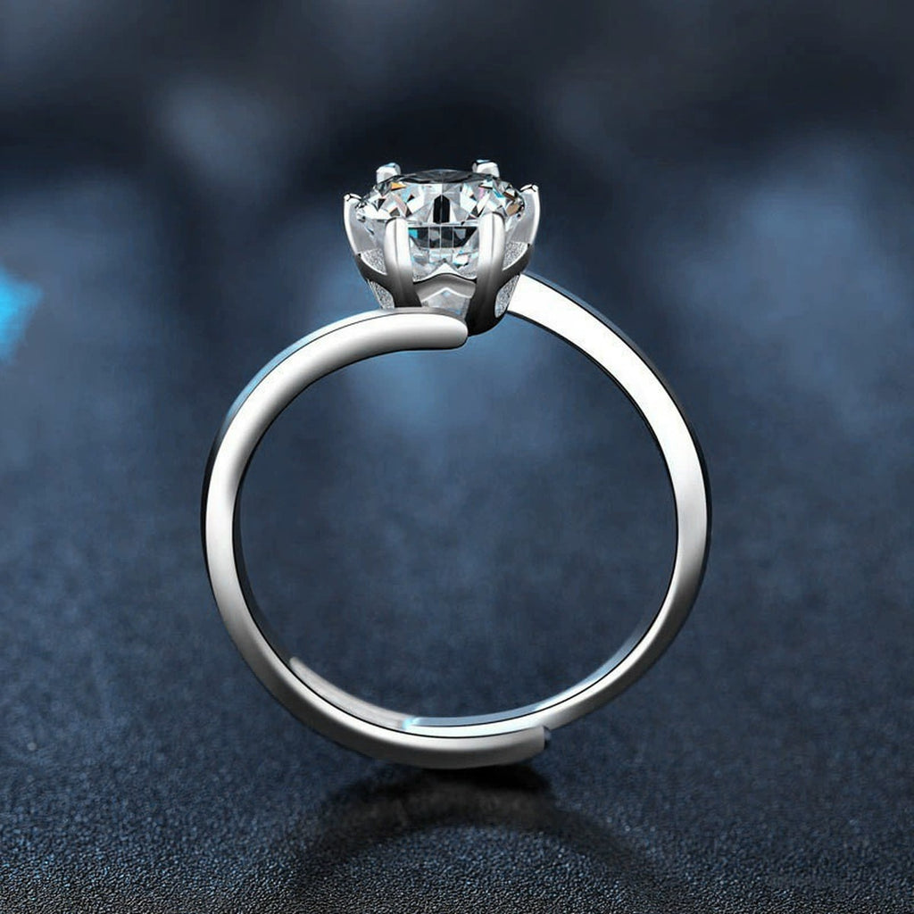 Twist Band Round Moissanite Adjustable Engagement Ring product view showing moissanite setting and metal finish
