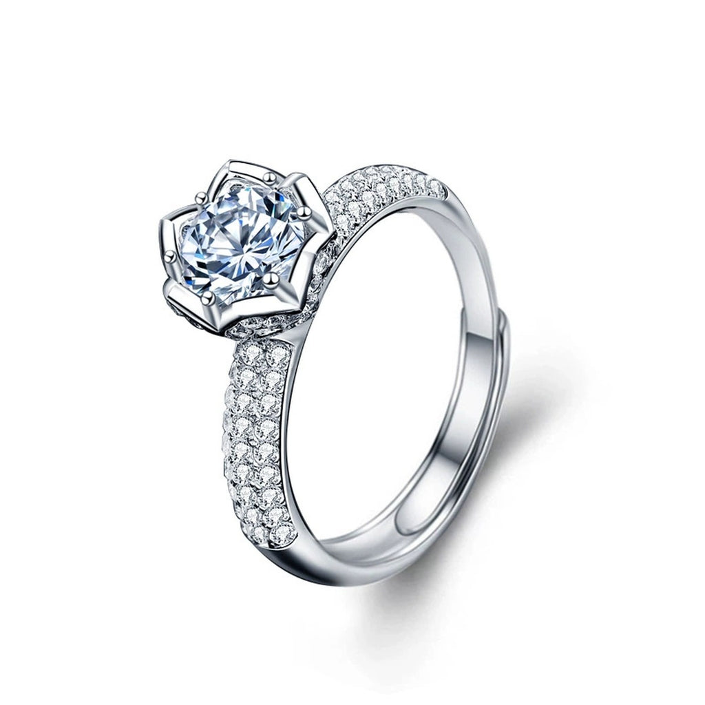 Lotus Round Moissanite Adjustable Engagement Ring with CZ in white gold-plated S925 sterling silver on clean white background
