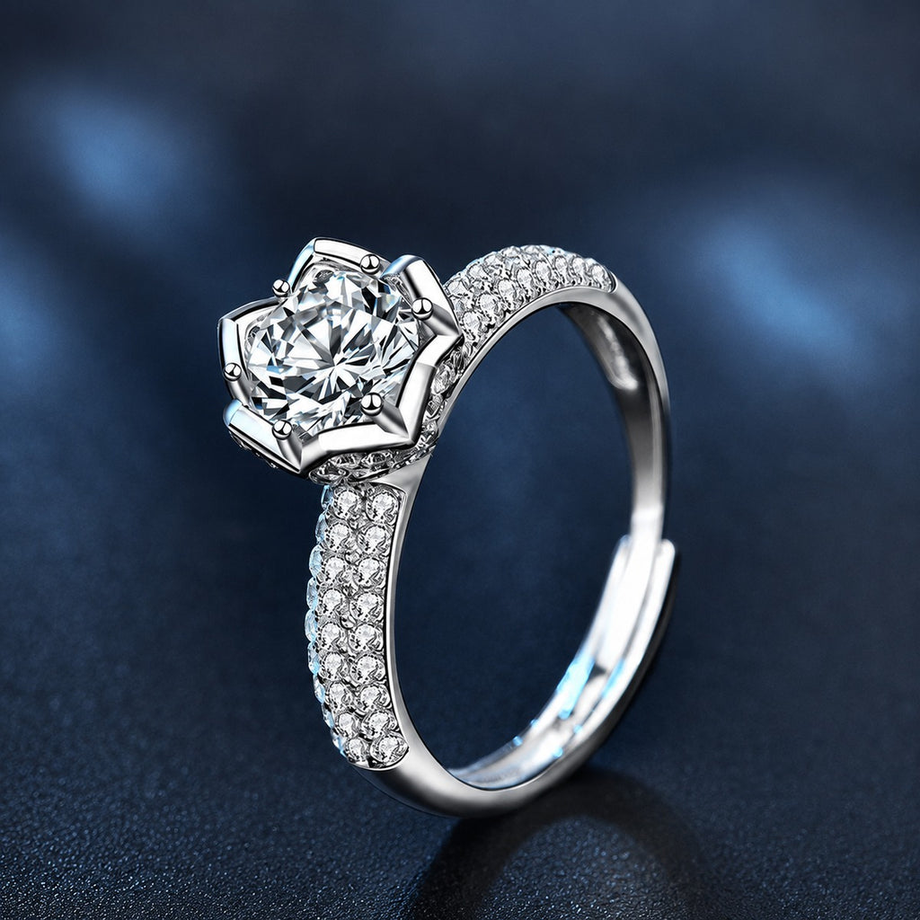 Lotus Round Moissanite Adjustable Engagement Ring with CZ close-up detail view with moissanite sparkle