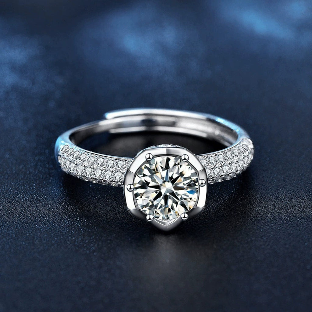 Lotus Round Moissanite Adjustable Engagement Ring with CZ close-up detail view with moissanite sparkle