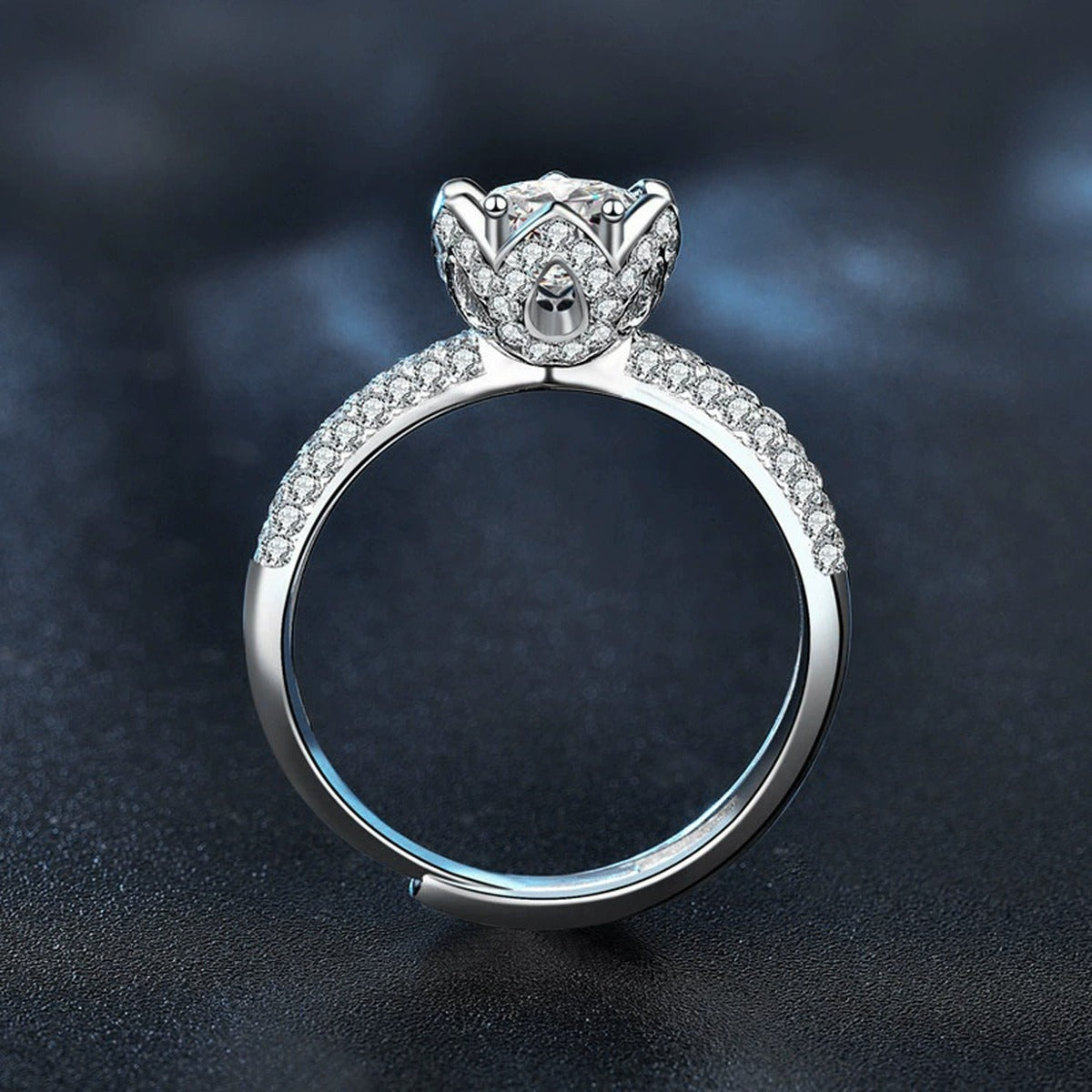Lotus Round Moissanite Adjustable Engagement Ring with CZ close-up detail view with moissanite sparkle