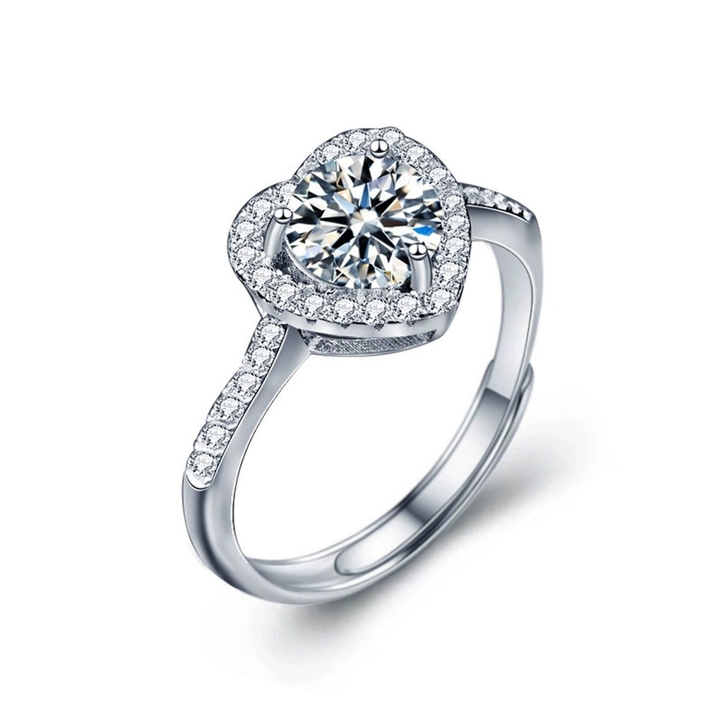 Heart Motif Round Moissanite Adjustable Engagement Ring with CZ in gold-plated S925 sterling silver on clean white background