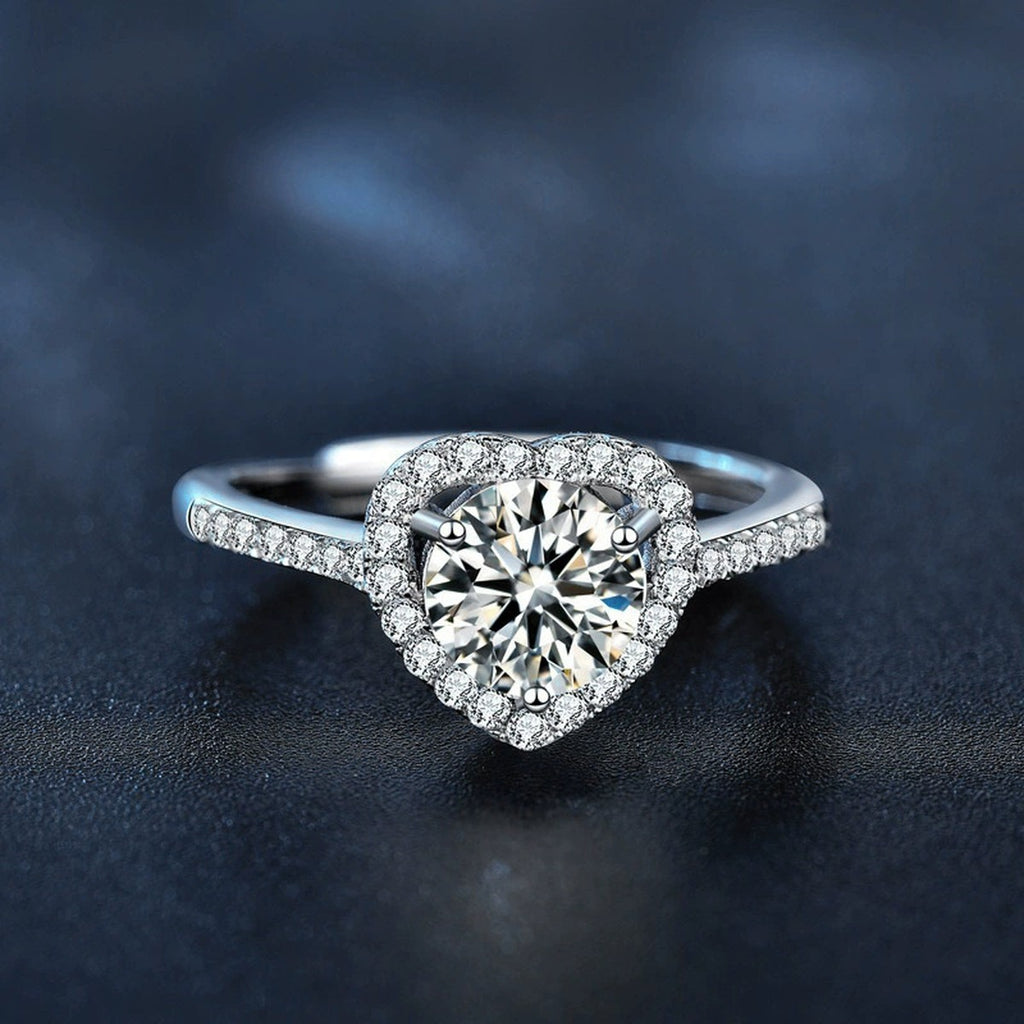 Heart Motif Round Moissanite Adjustable Engagement Ring with CZ product view showing moissanite setting and metal finish