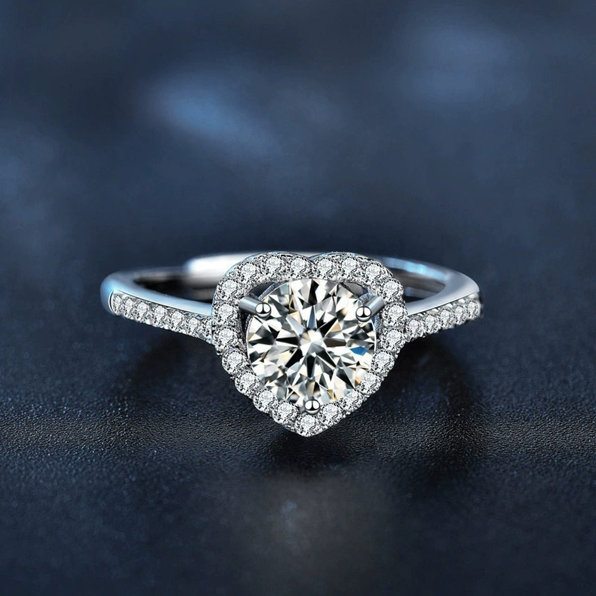 Heart Motif Round Moissanite Adjustable Engagement Ring with CZ product view showing moissanite setting and metal finish
