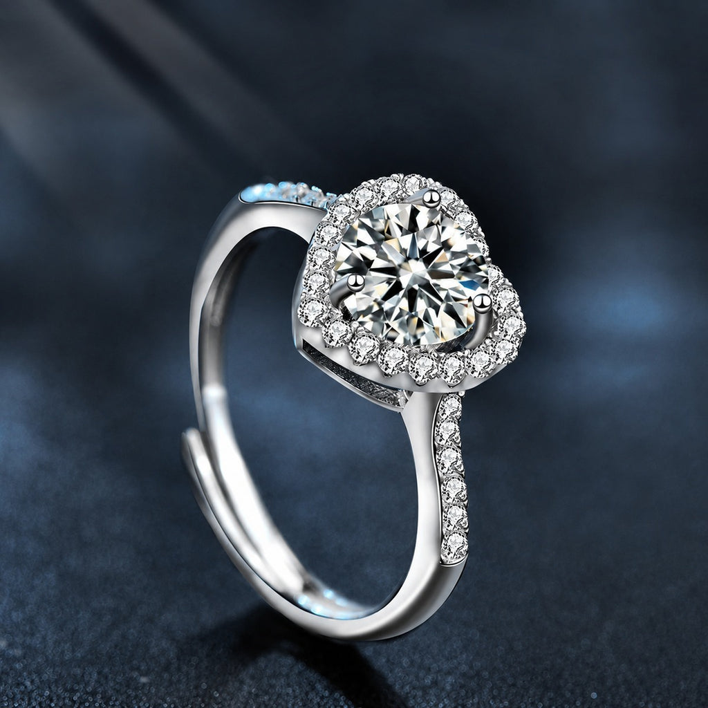 Heart Motif Round Moissanite Adjustable Engagement Ring with CZ close-up detail view with moissanite sparkle