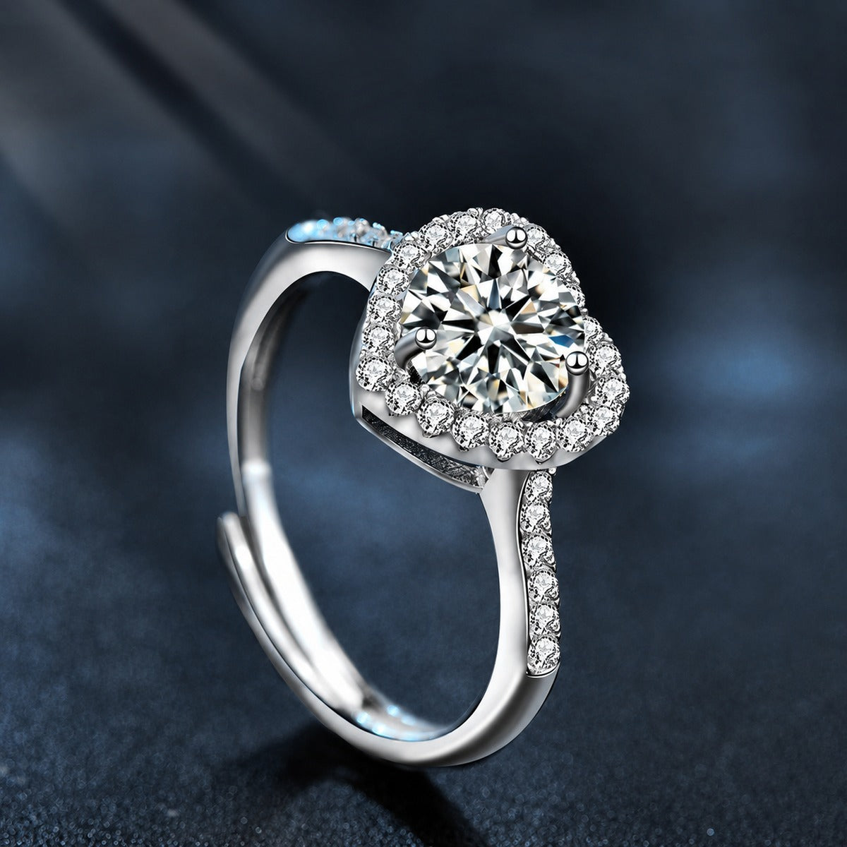 Heart Motif Round Moissanite Adjustable Engagement Ring with CZ close-up detail view with moissanite sparkle