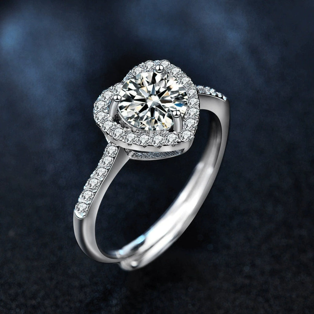 Heart Motif Round Moissanite Adjustable Engagement Ring with CZ close-up detail view with moissanite sparkle