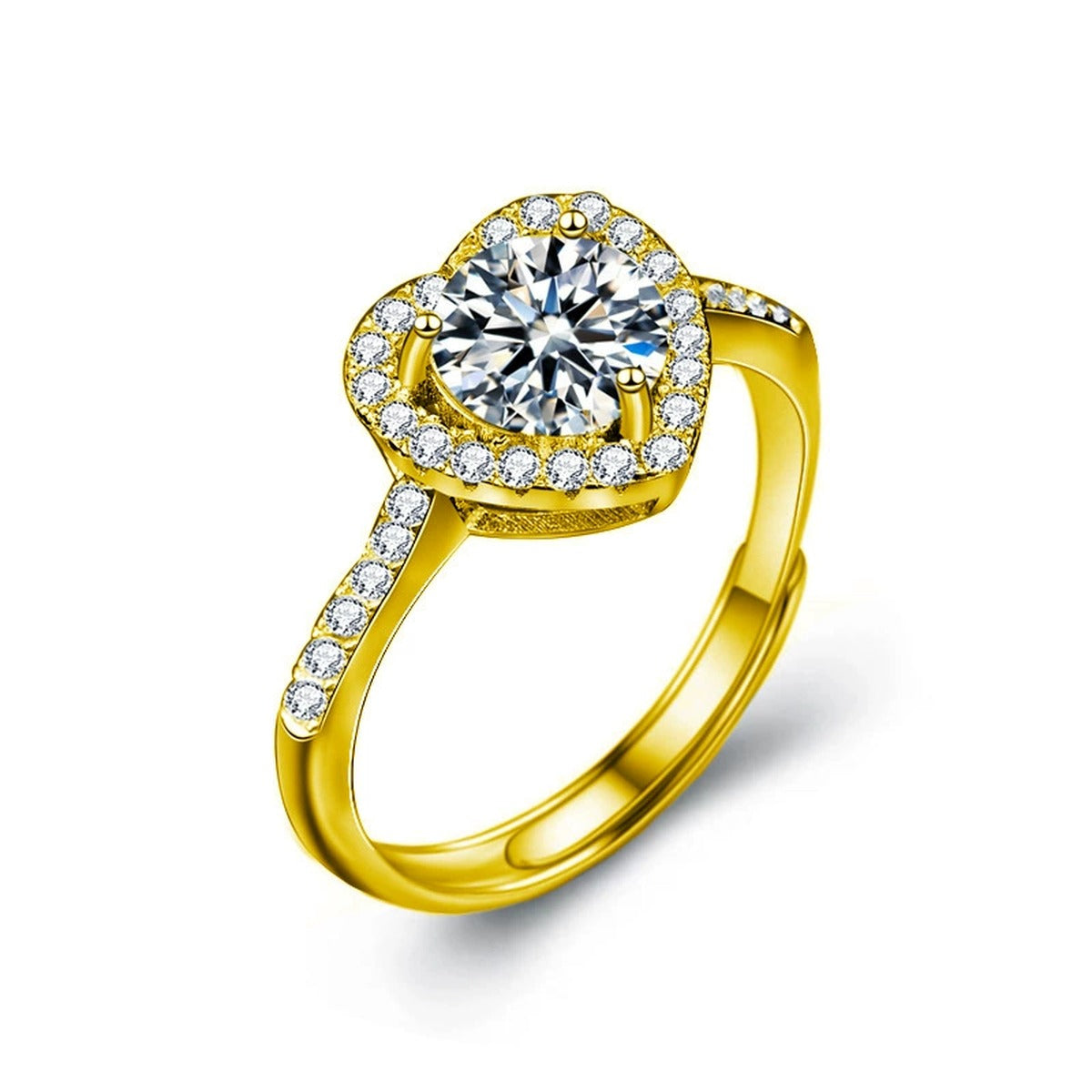 Heart Motif Round Moissanite Adjustable Engagement Ring with CZ in gold-plated S925 sterling silver on clean white background