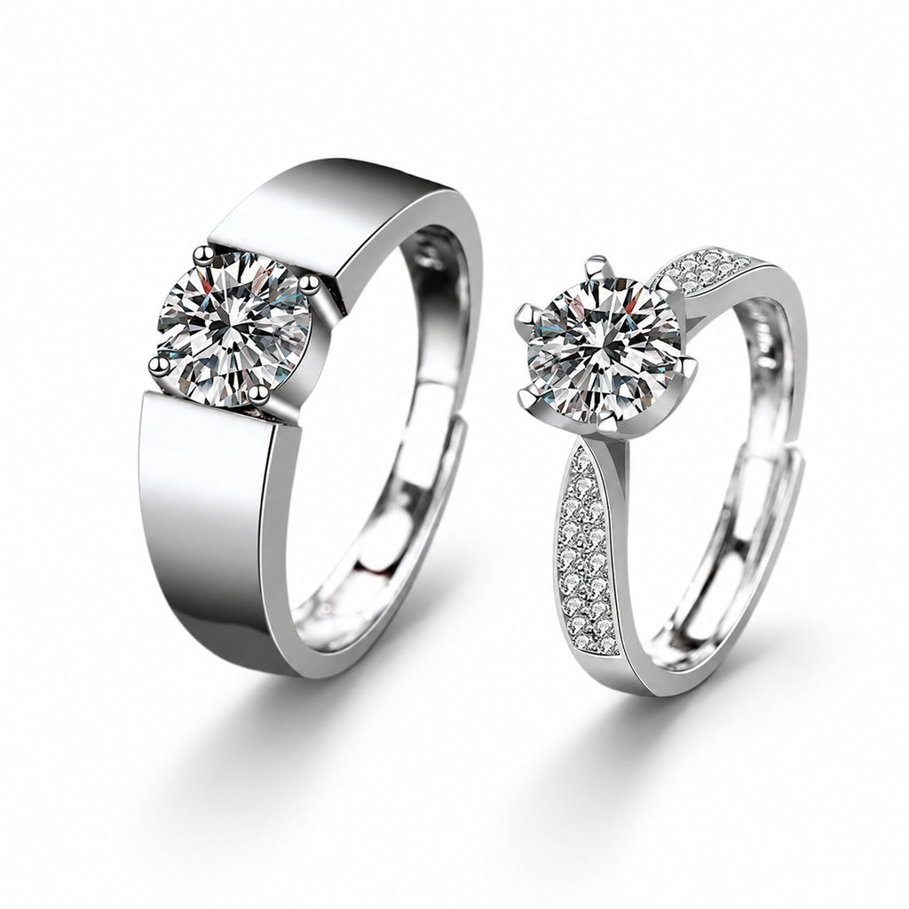 Couples Round Moissanite Wedding Rings with CZ in white gold-plated S925 sterling silver on clean white background