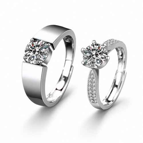 Couples Round Moissanite Wedding Rings with CZ in white gold-plated S925 sterling silver on clean white background