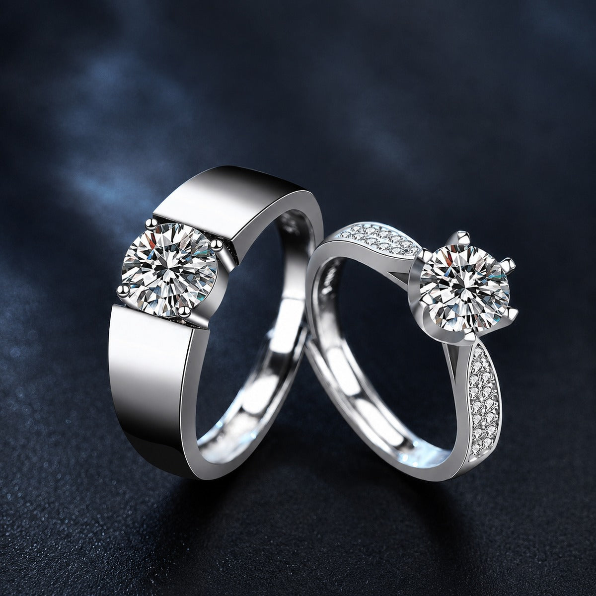 Couples Round Moissanite Wedding Rings with CZ close-up detail view with moissanite sparkle