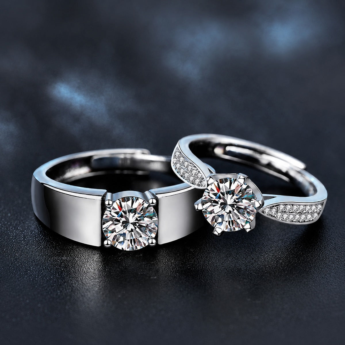 Couples Round Moissanite Wedding Rings with CZ close-up detail view with moissanite sparkle