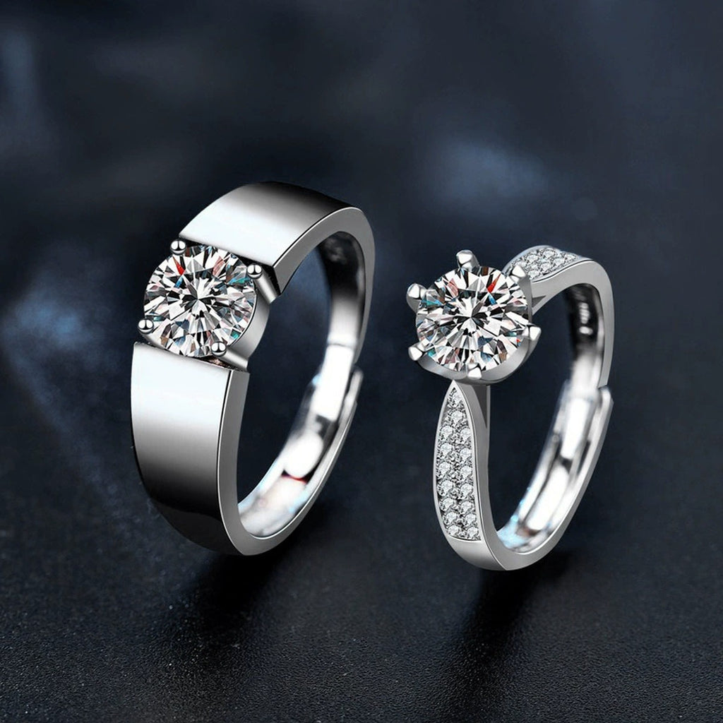 Couples Round Moissanite Wedding Rings with CZ close-up detail view with moissanite sparkle