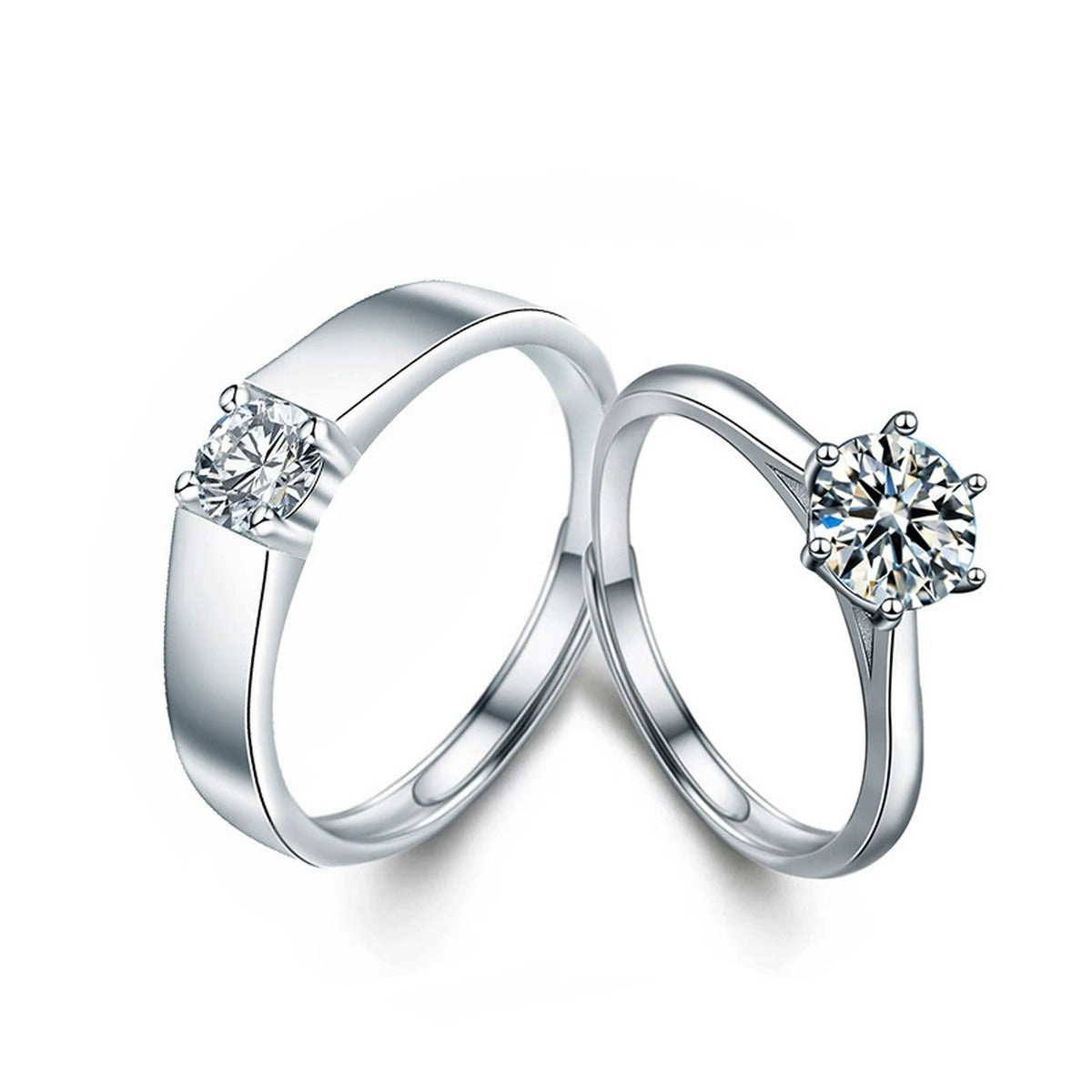 Classic Couples Round Moissanite Wedding Rings in white gold-plated S925 sterling silver on clean white background