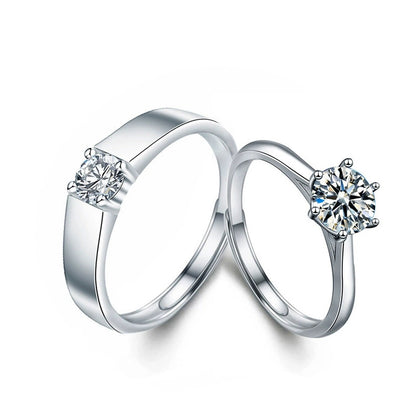 Classic Couples Round Moissanite Wedding Rings in white gold-plated S925 sterling silver on clean white background