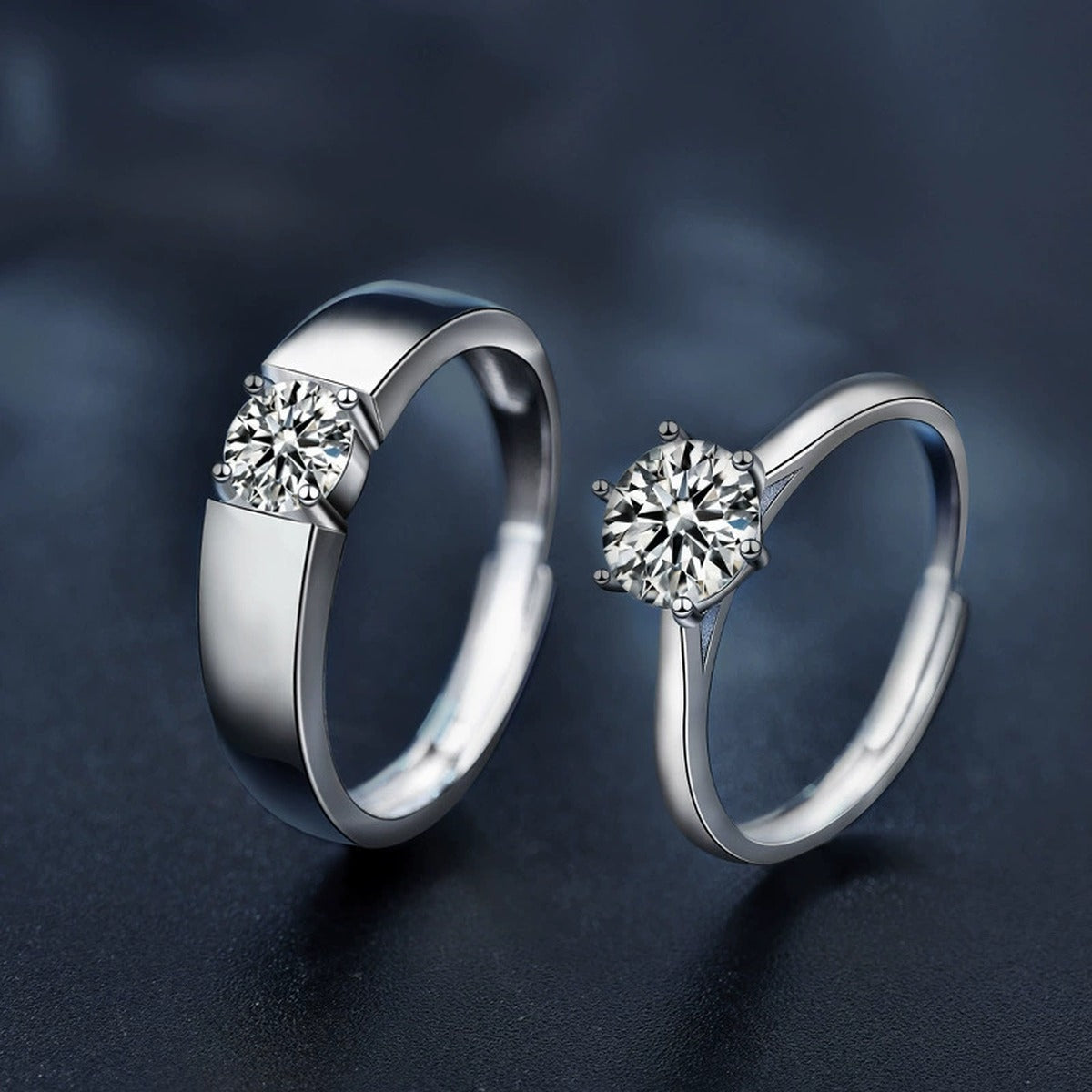 Classic Couples Round Moissanite Wedding Rings close-up detail view with moissanite sparkle