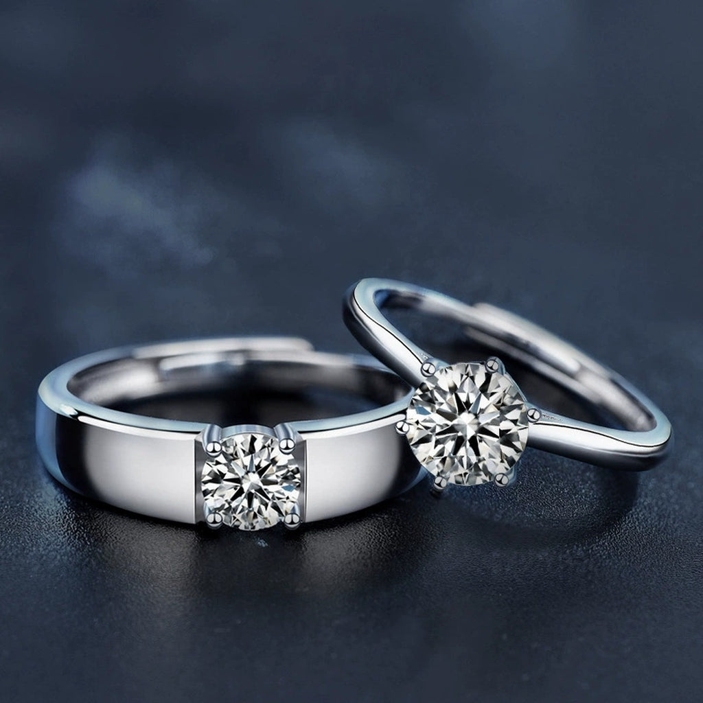 Classic Couples Round Moissanite Wedding Rings close-up detail view with moissanite sparkle