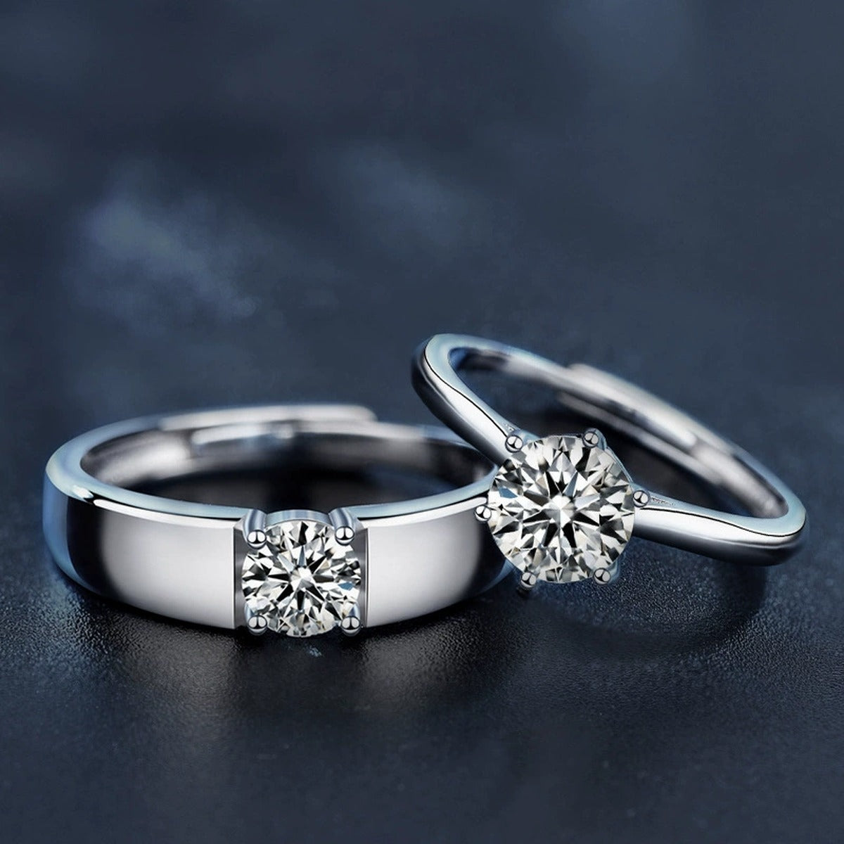 Classic Couples Round Moissanite Wedding Rings close-up detail view with moissanite sparkle