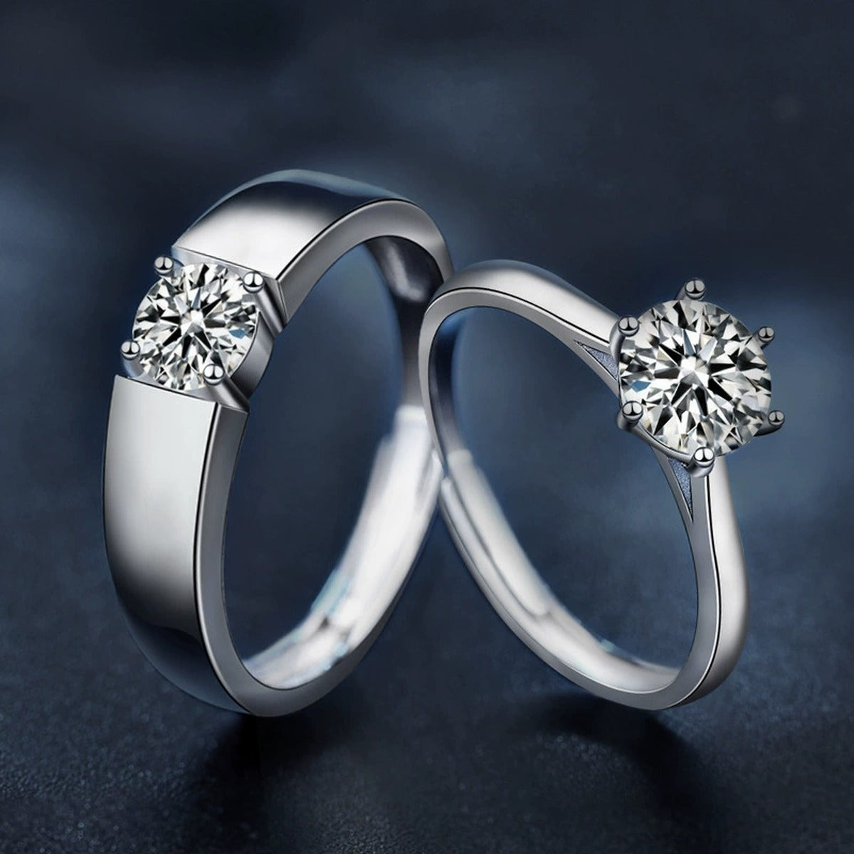 Classic Couples Round Moissanite Wedding Rings close-up detail view with moissanite sparkle