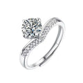 Four-Prong Round Moissanite Adjustable Engagement Ring with CZ in white gold-plated S925 sterling silver on clean white background