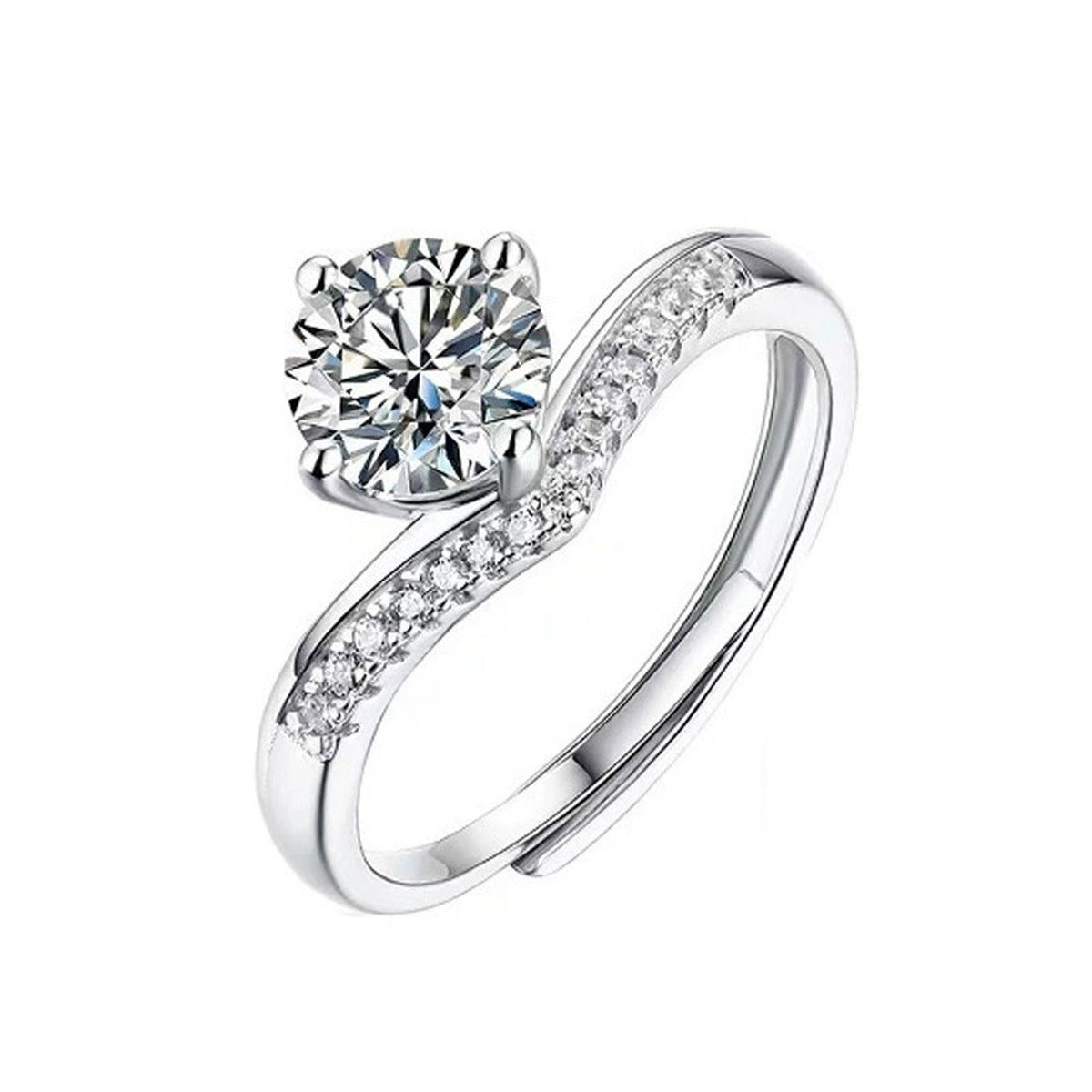 Four-Prong Round Moissanite Adjustable Engagement Ring with CZ in white gold-plated S925 sterling silver on clean white background