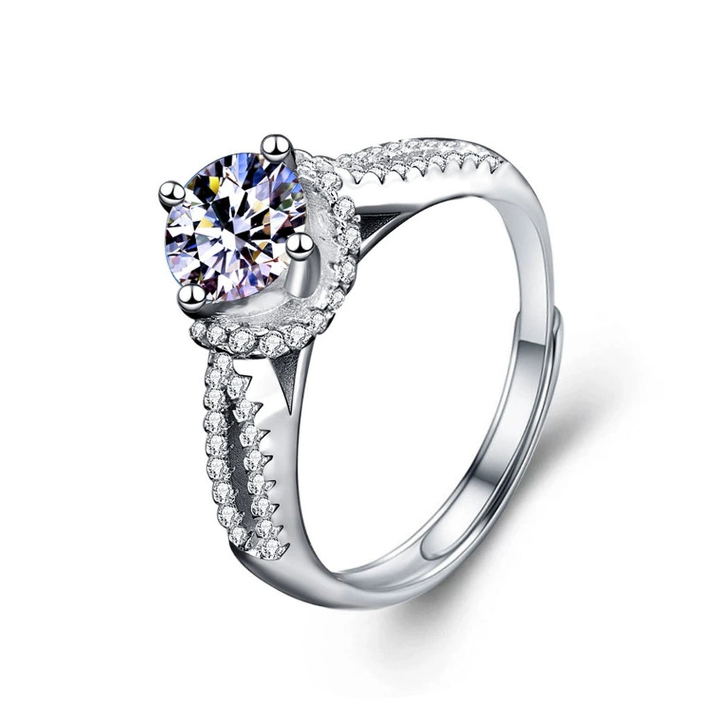 Starry Round Moissanite Adjustable Engagement Ring with CZ in white gold-plated S925 sterling silver on clean white background