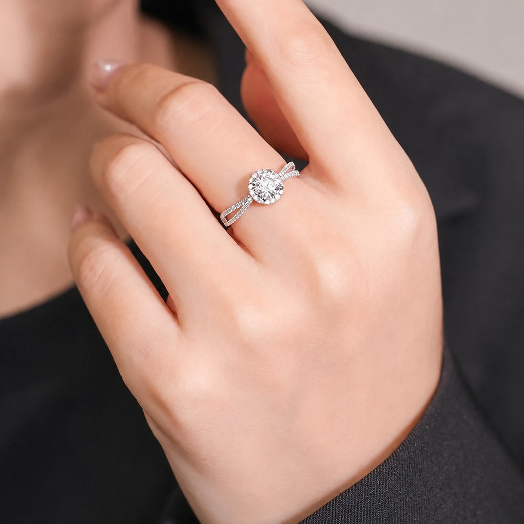 Starry Round Moissanite Adjustable Engagement Ring with CZ worn on hand to show scale, band width, and ring profile