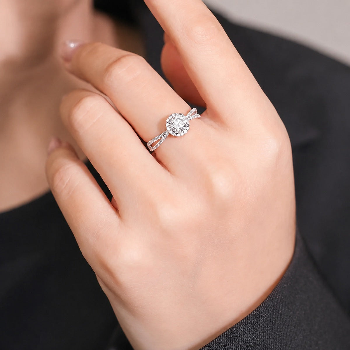 Starry Round Moissanite Adjustable Engagement Ring with CZ worn on hand to show scale, band width, and ring profile