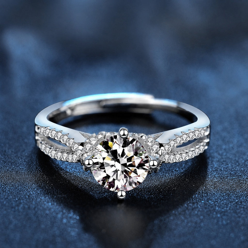 Starry Round Moissanite Adjustable Engagement Ring with CZ product view showing moissanite setting and metal finish