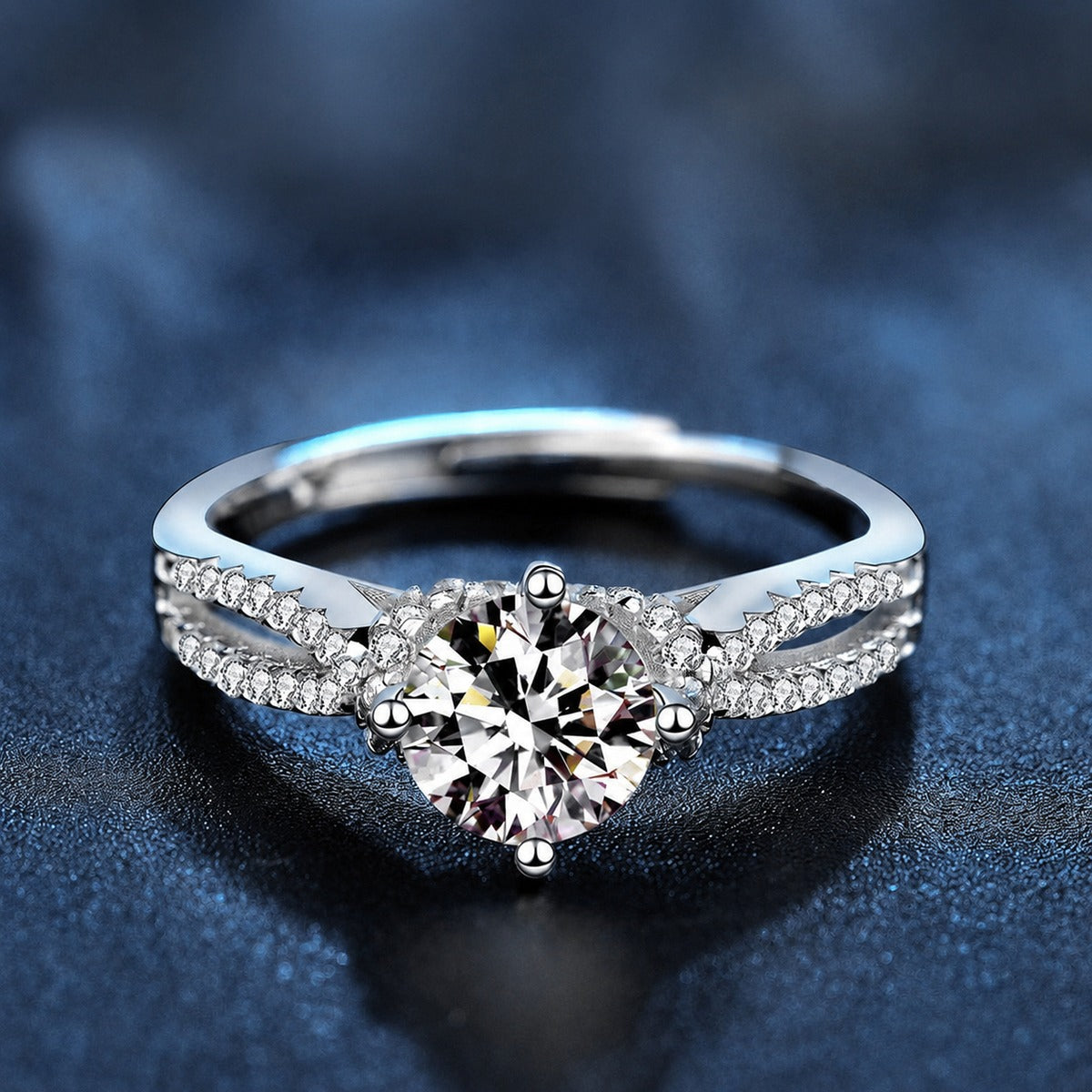 Starry Round Moissanite Adjustable Engagement Ring with CZ product view showing moissanite setting and metal finish