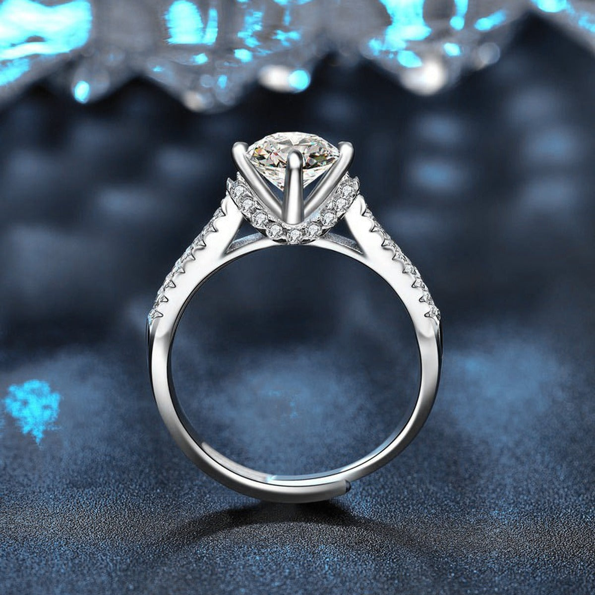 Starry Round Moissanite Adjustable Engagement Ring with CZ product view showing moissanite setting and metal finish