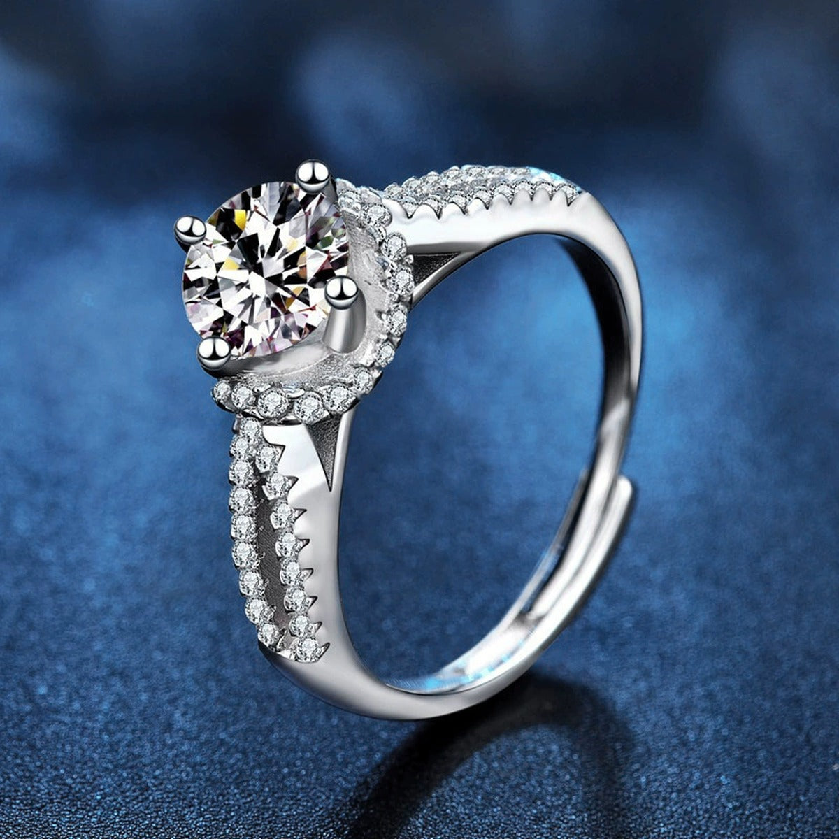 Starry Round Moissanite Adjustable Engagement Ring with CZ product view showing moissanite setting and metal finish