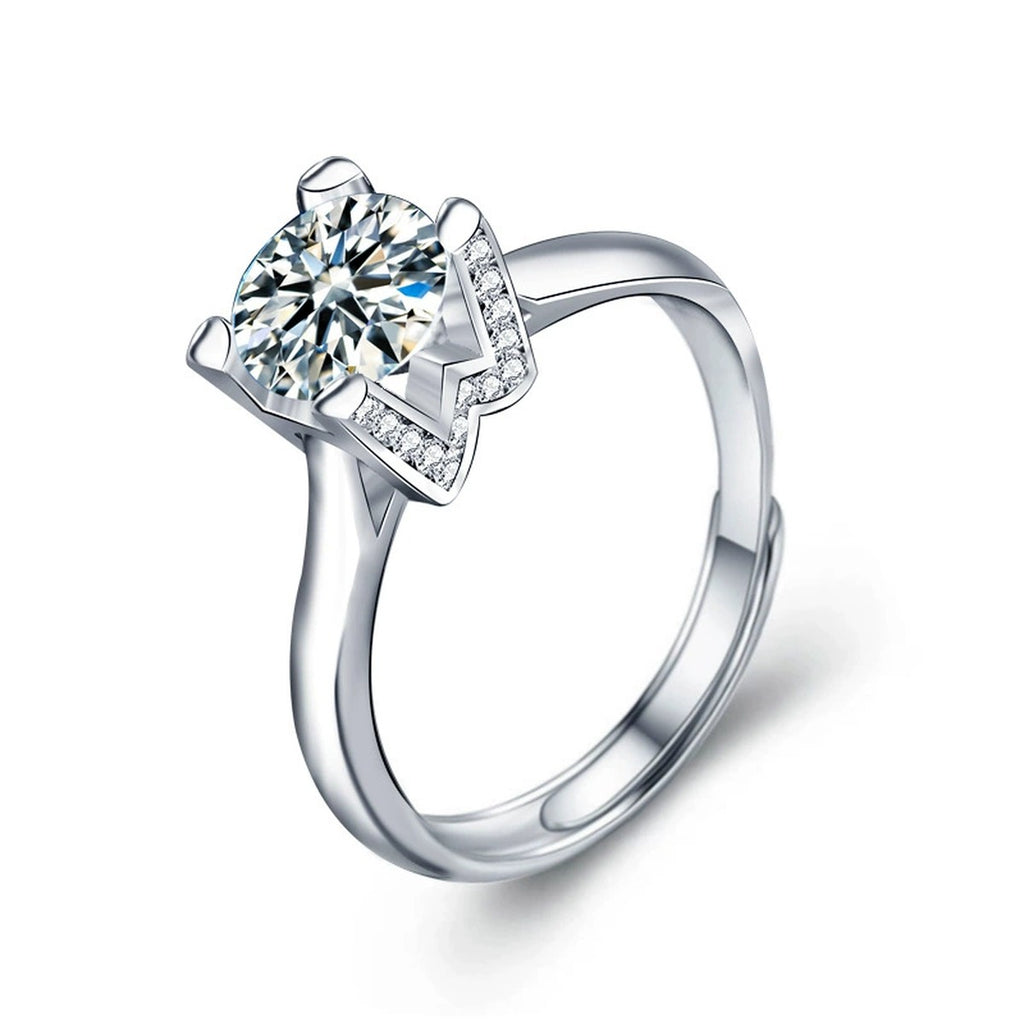 W-Motif Four-Prong Round Moissanite Adjustable Engagement Ring with CZ in white gold-plated S925 sterling silver on clean white background