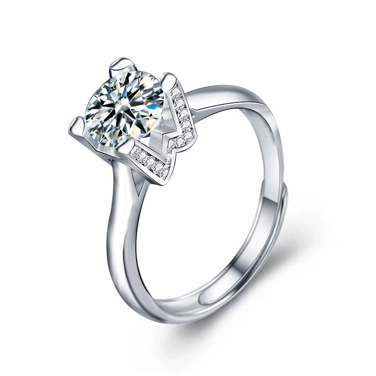 W-Motif Four-Prong Round Moissanite Adjustable Engagement Ring with CZ in white gold-plated S925 sterling silver on clean white background