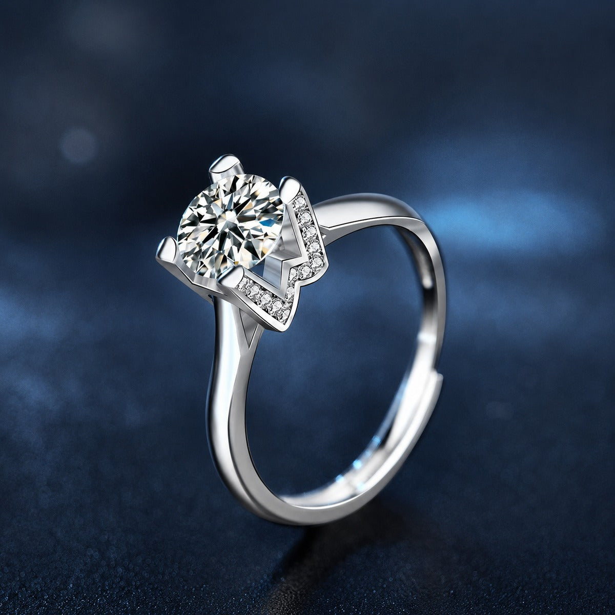W-Motif Four-Prong Round Moissanite Adjustable Engagement Ring with CZ product view showing moissanite setting and metal finish